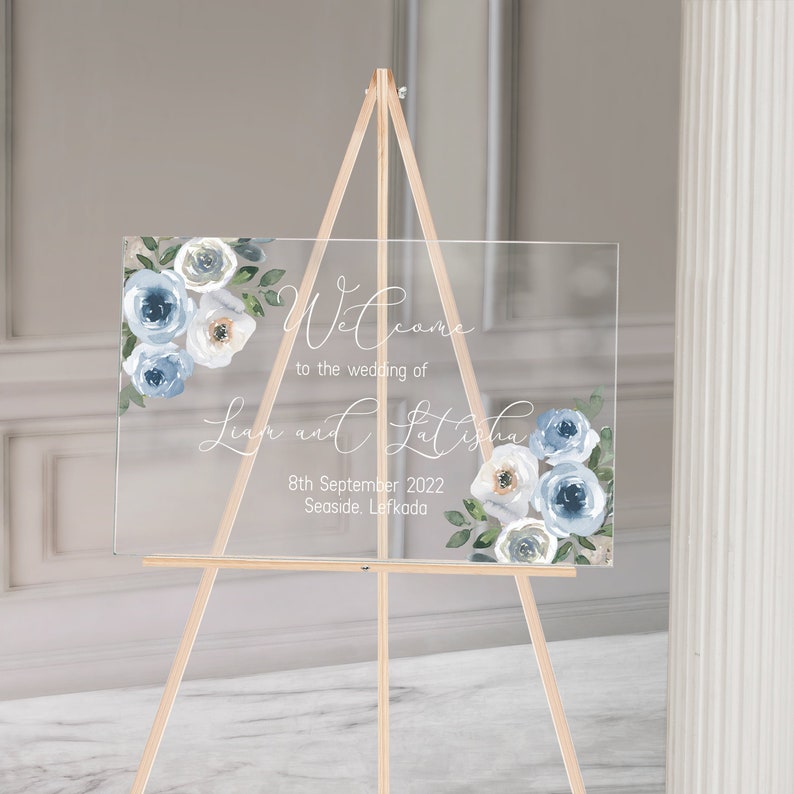 Acrylic Floral Dusty Blue Welcome to Our Wedding Sign Design image 1