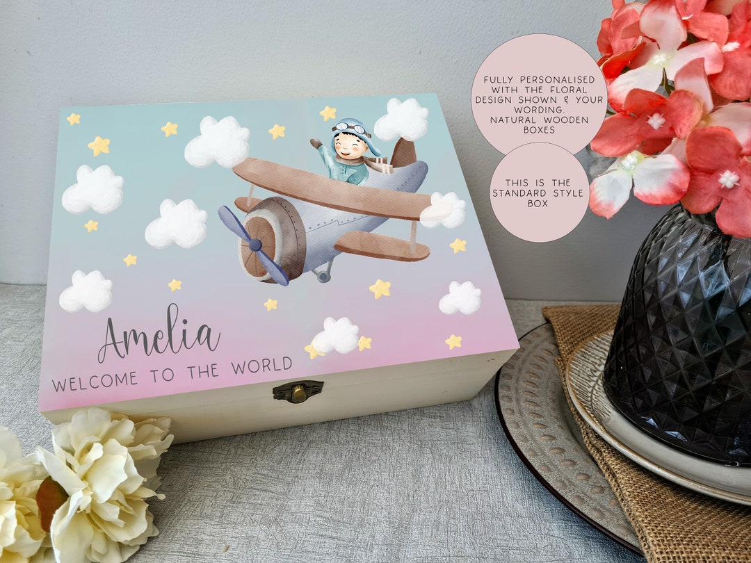 Wooden Personalised Baby Airplane Memory Box Birthday - Etsy UK