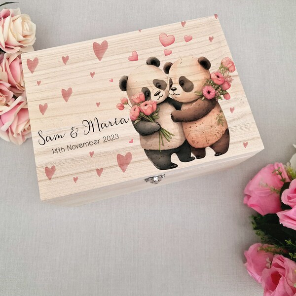 Holz Personalisierte Panda Liebe Hochzeit Memory Box, Hochzeit Andenken Box, Hochzeit Andenken Geschenk, Geschenk für paar, Hochzeitsgeschenk, Holz Box