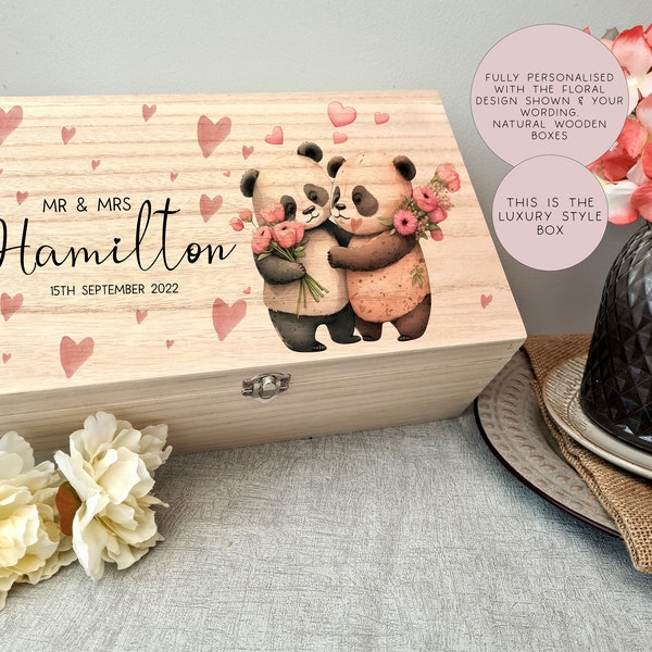 Hölzerne personalisierte Liebe Panda Hochzeit Erinnerungsbox, Hochzeit Andenken Box, Hochzeit Andenken Geschenk, Geschenk für Paar, Hochzeitsgeschenk, Holz Box