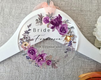Acrylic Printed Purple Floral Personalised Hanger Tag, Bridesmaid Tag, Hanger Tag, Bridesmaid Gift, Engraved Hanger Gift, Wedding Tags