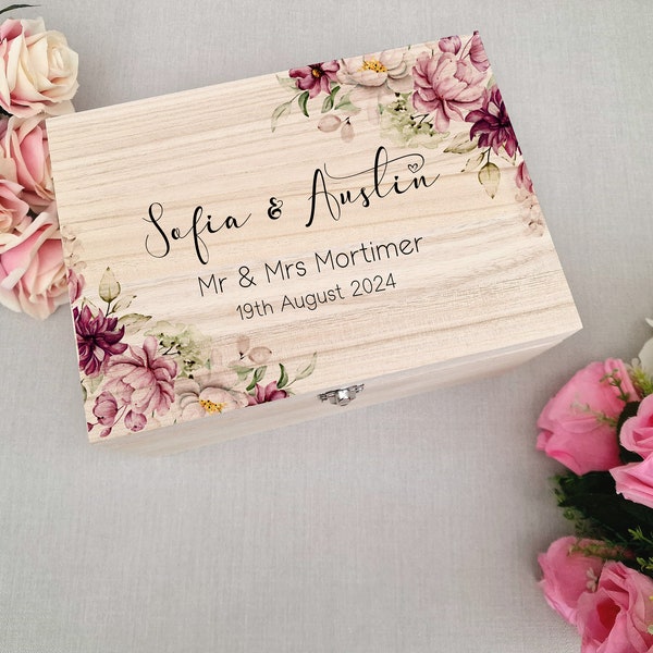 Wooden Personalised Pink Floral Corner Wedding Memory Box, Wedding Keepsake Box, Wedding Keepsake Gift, Gift For Couple, Wedding Gift