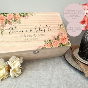 Wooden Personalised Peach Floral Corner Wedding Memory Box, Wedding Keepsake Box, Wedding Keepsake Gift, Gift For Couple, Wedding Gift