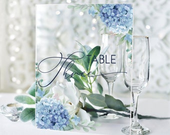 Acrylic Blue Hydrangea Floral Wedding Table Numbers, Acrylic Table Number, A5 Wedding Table Number, Hydrangea Floral Printed Wedding Decor