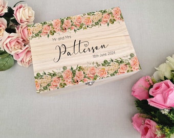 Wooden Personalised Peach Floral Wedding Memory Box, Wedding Keepsake Box, Wedding Keepsake Gift, Gift For Couple, Wedding Gift, Wood Box