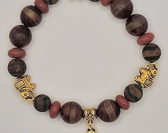 Tibetan Dzy agate beaded bracelet, red jasper beads and elephant connectors