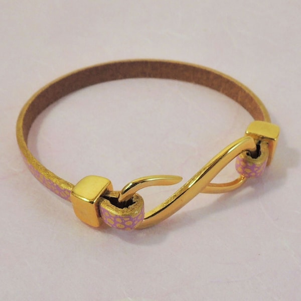 Bracelet en cuir rose pois jaune et fermoir crochet infinity doré