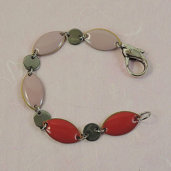 Bracelet émaux réversibles rose et rouge et connecteurs ronds en acier inoxydable