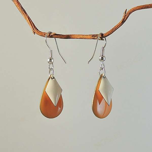 Boucles d'oreilles sequins émaillés mandarine/blanc et métal argenté