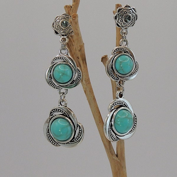 Boucles d'oreilles perles en howlite bleues et connecteurs en argent antique