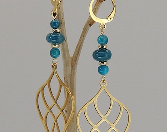 Apatite pearl earrings and gold filigree leaf print