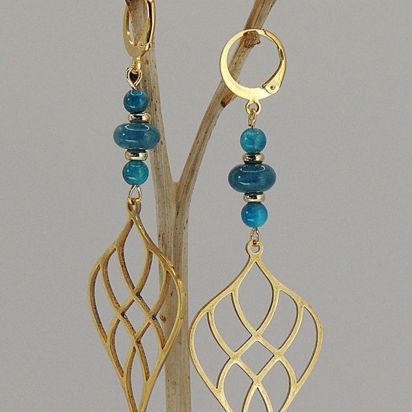 Boucles d'oreilles perles en apatite et estampe feuille filigrane dorée