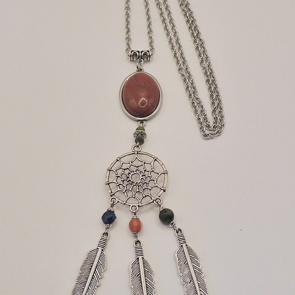 Ethnic long necklace, red jasper cabochon and silver metal feathers