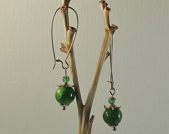 Boucles d'oreilles perles en jade de Russie, petite aventurine et perles métal en acier inoxydable argenté