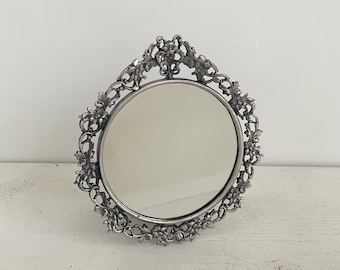 Vintage Pewter Table Top Vanity Mirror, Round Floral Filigree Mirror