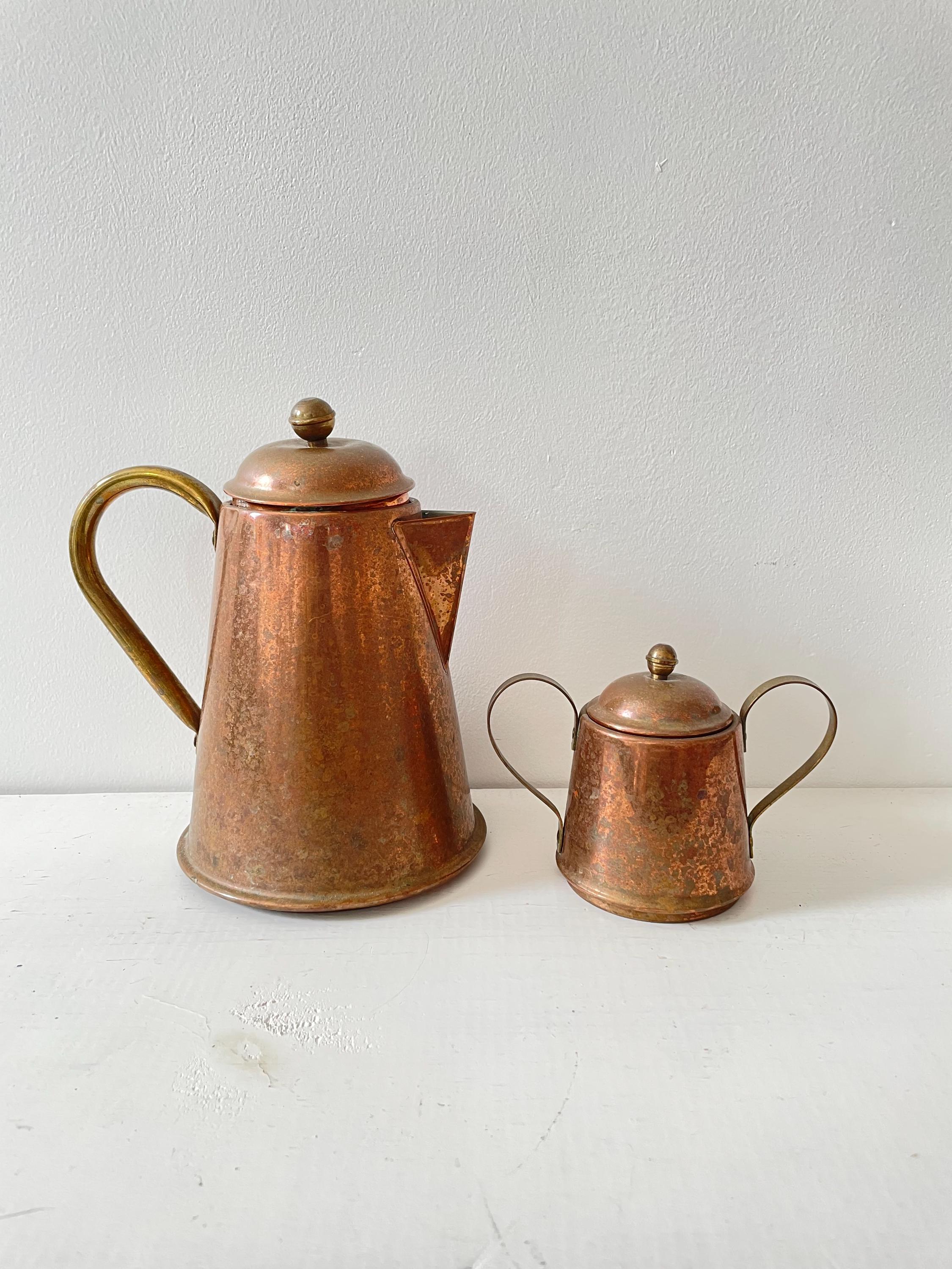 Copper Coffee Pot and Sugar Dish, Antique Spartan Tall Tea Kettle