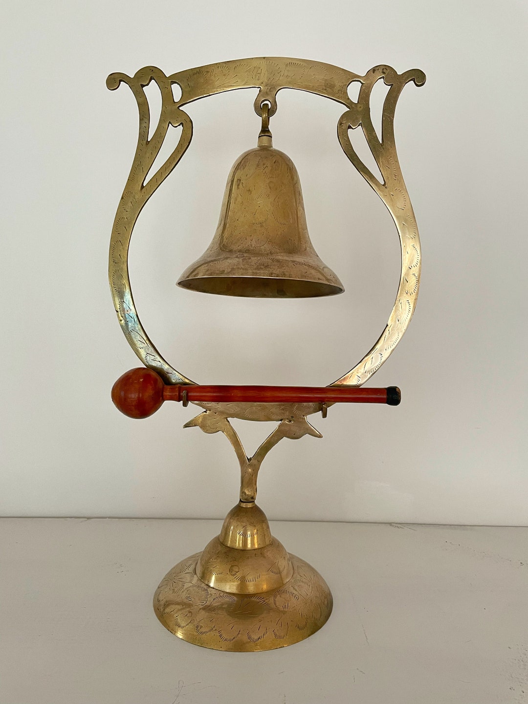 Large Etched Brass Bell, Vintage Hanging Gong+ornate Stand, Meditation ...