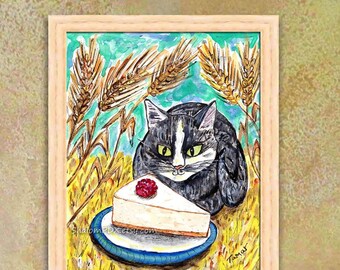 Original Cat Watercolor Painting, Cheesecake Drawing, Whimsical Judaica, Funny Jewish Cat Art, Shavuot Cheese Cake, Baking Art For Kitchen
