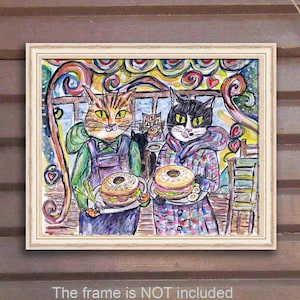 Hand-Painted Whimsical Cat Art: Benjamin (Orange Cat) & Esther (Tuxedo Cat) on a Stylish Bagel Date - Portland Neighborhood Scene