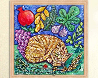 Original Cat Painting, Funny Cat Artwork, Seven Species, Jewish Holidays Gift, Orange Mom Birthday, Ladybug, Pomegranate, Judaica Folk Art