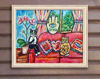 Cat Original Painting, Shalom Artwork, Hamsa Hand Eye, Funny Tuxedo Cat Canvas, Judaica Peace Wall Art, Cat Mom Birthday, Art for Peace