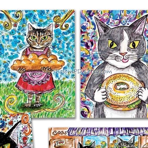 Conjunto de cartões com comida judaica e gato, padaria de pão Challah, desenho engraçado de gato, papelaria judaica, impressão de gato em aquarela, falafel, arte em bagel de salmão defumado