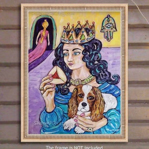 Königin Esther mit Hund Cavalier King Charles | Original Biblische Kunst | kglische Wandmalerei | Skurrile jüdische Wohnkultur