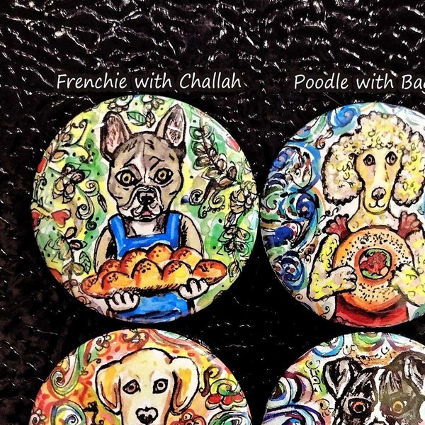 Dog Magnet Set, Funny Jewish Gift, Lox Bagel, Challah, Babka, Judaica Art, Dog Themed Kitchen, Baking, Jewish Holidays, New York Deli Food