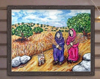 ルツとナオミのオリジナル絵画、聖書アート、女性と猫、シャブオットの贈り物