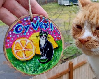 Oy Vey Cat Ornament, Original Painting, Jewish Gift, Lemon Lover, Funny Judaica Art, Yiddish, Tuxedo Cat Mom Dad, Citrus Theme Decoration