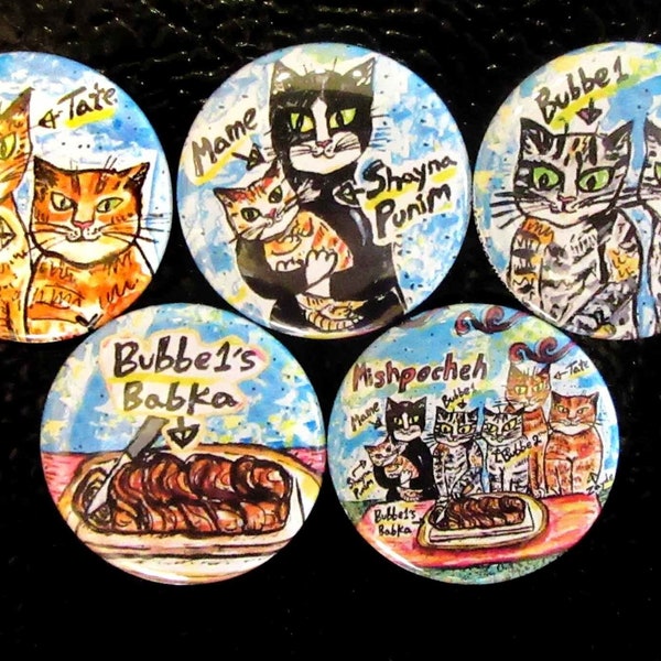 Jewish Cat Family Fridge Magnet Set, Yiddish-Themed, Mishpocheh, Chocolate Babka, Whimsical Cat Love, Funny Judaica Art, Mom and Baby Kitten