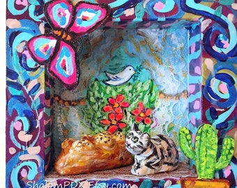 Cat and Challah Shadow Box, Original, Hand-Painted, Shabbat Shalom Gift, Jewish Food Diorama, Mixed Media Judaica Art, Funky Window Painting