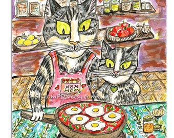 Original Watercolor Painting, Cat Mom and Kitten Cooking Shakshuka, Jewish Gift, Funny Judaica Art, Ima Hebrew, Israeli Food, Cat Kitchen