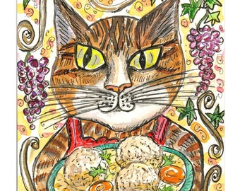 Original Cat Painting, Passover Matzo Ball Soup, Jewish Holiday Food, Whimsical Judaica Drawing, Cute Passover Gift Idea, Funny Judaica Art