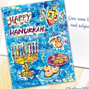Cartões de feliz Hanukkah, cartões de felicitações para o feriado judaico, arte judaica caprichosa, desenho de menorá de Chanukah, latkes, sufganiyot, dreidel, colorido