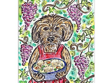 Original Watercolor Painting, Doodle Dog with Matzo Ball Soup, Whimsical Judaica Art, Jewish Holidays Food, Goldendoodle Mom Birthday Gift