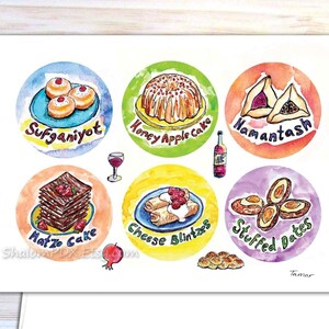 Cartões de sobremesas para feriados judaicos, cesta de Purim, bolo de matzá para a Páscoa, hamentashen, shavuot, mel de maçã, sufganiyot de hanukkah, rosh hashaná
