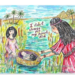 Original Watercolor, Miriam Pharaoh's Daughter, Baby Moses and Kitten Avi, Passover Decoration, Modern Judaica Art, Jewish Gift, Nile River