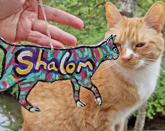 Shalom Cat Sign, Cat Lover Gift, Funny Judaica Wall Art, Gift for Cat Mom, Original Painting on Wood, Cat for Peace, Jewish Decoration