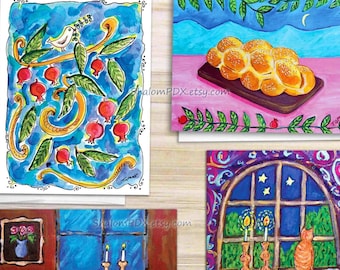 Jewish Note Card Set, Challah Bread, Shabbat Shalom, Judaica Art, Cat Lover Gift, Food Painting Print, Challah Board Painting, Candlesticks