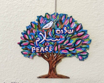 Peace Shalom Salam Sign, Tree of Life, Peace Dove Ornament, English Arabic Hebrew, Original Painting on Wood, Judaica Art for Peace