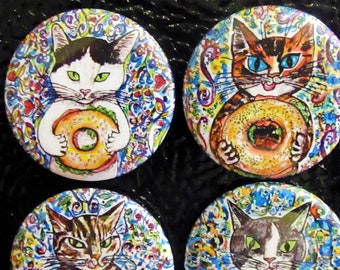 Cat Magnet Set, Bagel Fridge Magnets, Whimsical Cat Themed Kitchen Decor, Sandwich Buttons, Calico Cat, Tabby Cat, Bagel Shop, I Love Bagel