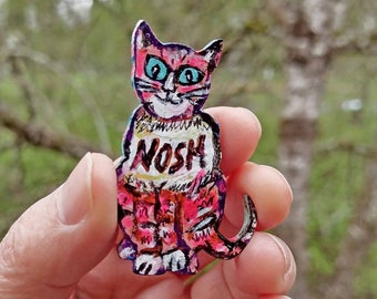 Wooden Cat Magnet, Hand Painted, Nosh Gift, Jewish Cat Mom, Funny Yiddish Accessory, Whimsical, Original Judaica Art, Small Cat Theme Gift