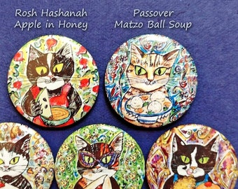 Jewish Holidays Food, Cat Calendar Magnet Set, Passover Matzo Ball Soup, Hanukkah Latkes, Purim Hamantashen, Shavuot Cake, Funny Judaica Art