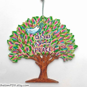 Peace Shalom Salam Sign, Tree of Life, Peace Dove Ornament, English Arabic Hebrew, Original Painting on Wood, Judaica Art, Handmade Gift