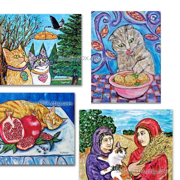 Jewish Cat Note Card Set, Challah, Pomegranate, Matzo Ball Soup, Ruth and Naomi Story, Shabbat Shalom, Cat Lover Gift, Judaica stationer
