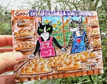 Cat Love Cards, Happy Cat Couple, Challah Painting Print, Cat Love Drawing, Judaica Art, Food Stationery, Shabbat Shalom, Baking Theme Gift