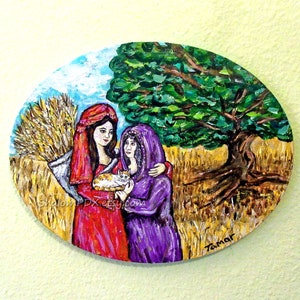 Ruth & Naomi with Their Tricolor Cat, Barley, by an Oak Tree in the Wheatfields of Bethlehem – Original Painting on oval canvas.

This painting tells the beautiful biblical story of Ruth and Naomi, along with their Calico cat, Barley, set in the peaceful wheatfields of Bethlehem under an oak tree.