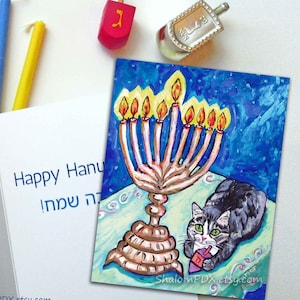 Cartes joyeux Hanoucca, voeux de fêtes juives, judaïsme drôle, art de chat, Hanoucca, impression de peinture, peinture éclairée par la menorah, dreidel, amoureux des chats