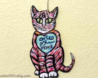 Cat for Peace in the Middle East, Shalom, Salam, Peace Sign, Original Painting on Wood, Hebrew Arabic English, Judaica Art, Peacemaking